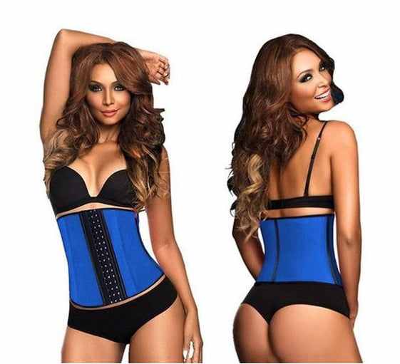 Women's blue waist trainer corset with black accents, showcasing front and back views, providing support and shaping for a stylish hourglass figure.