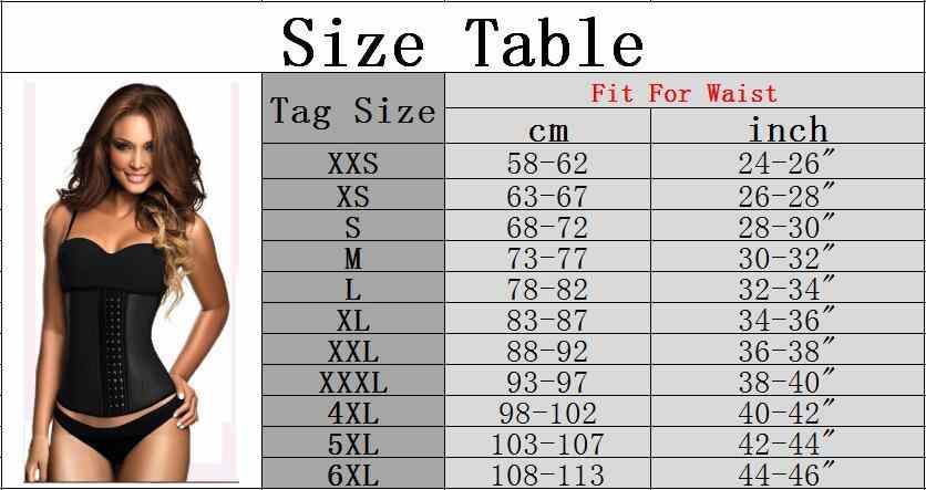 Women's waist trainer corset with 9 steel boning, adjustable hooks, and size chart ranging from XXS to 6XL.