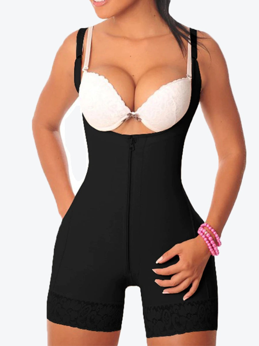 Shaping Butt Lifter Bodysuit with lace trim in black, designed for figure enhancement.