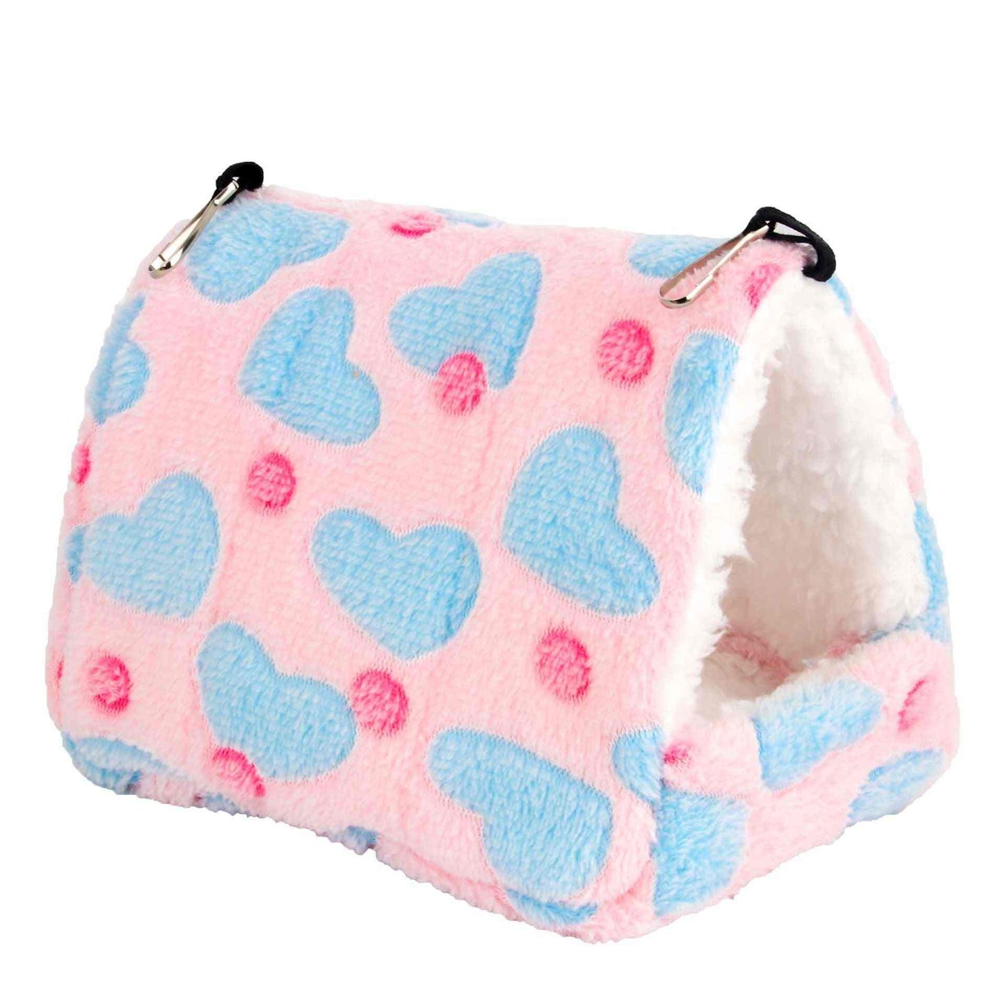 Hamster thermal tent with pink and blue heart pattern, cozy and travel-friendly.