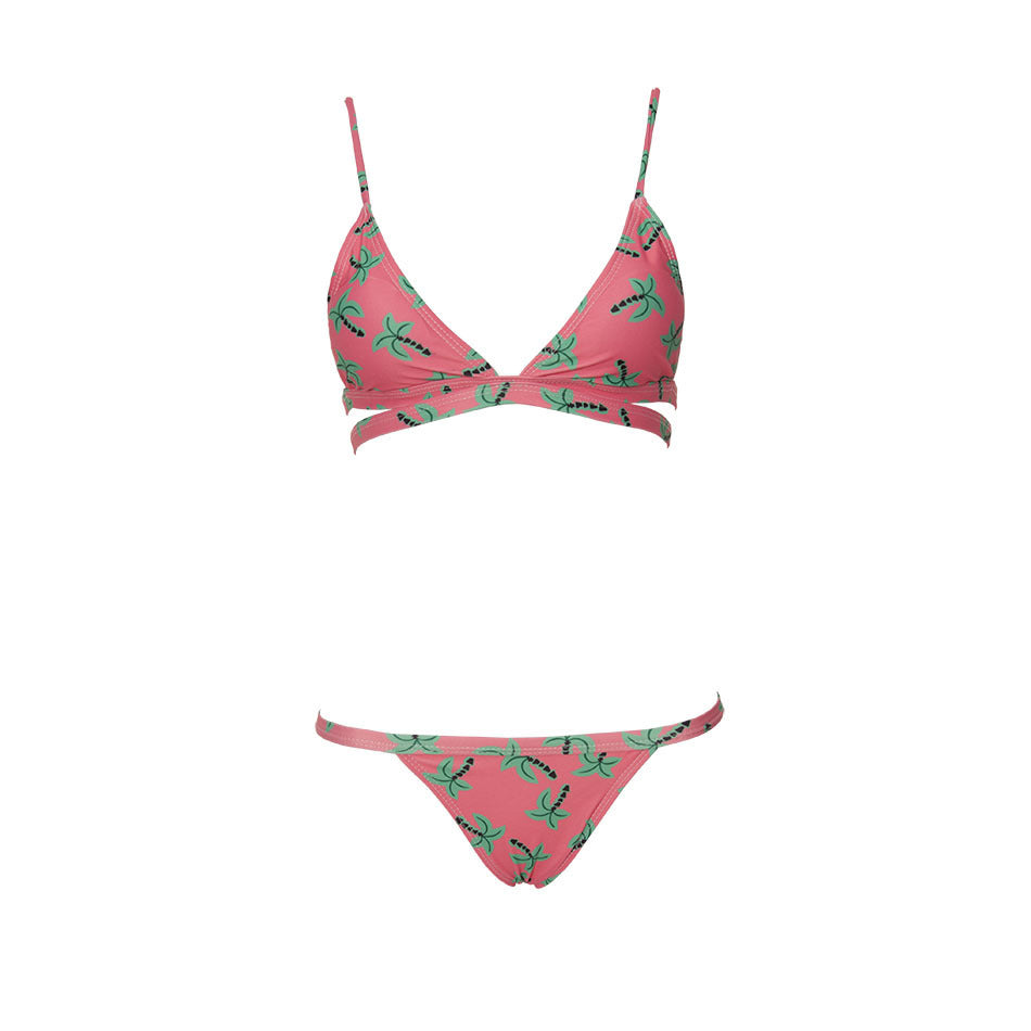 Pink palm printing bikini set with floral design, suitable for swimming, available in sizes S to XL.