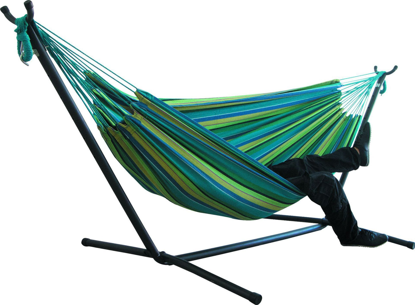 Canvas camping hammock in vibrant stripes, perfect for outdoor relaxation.