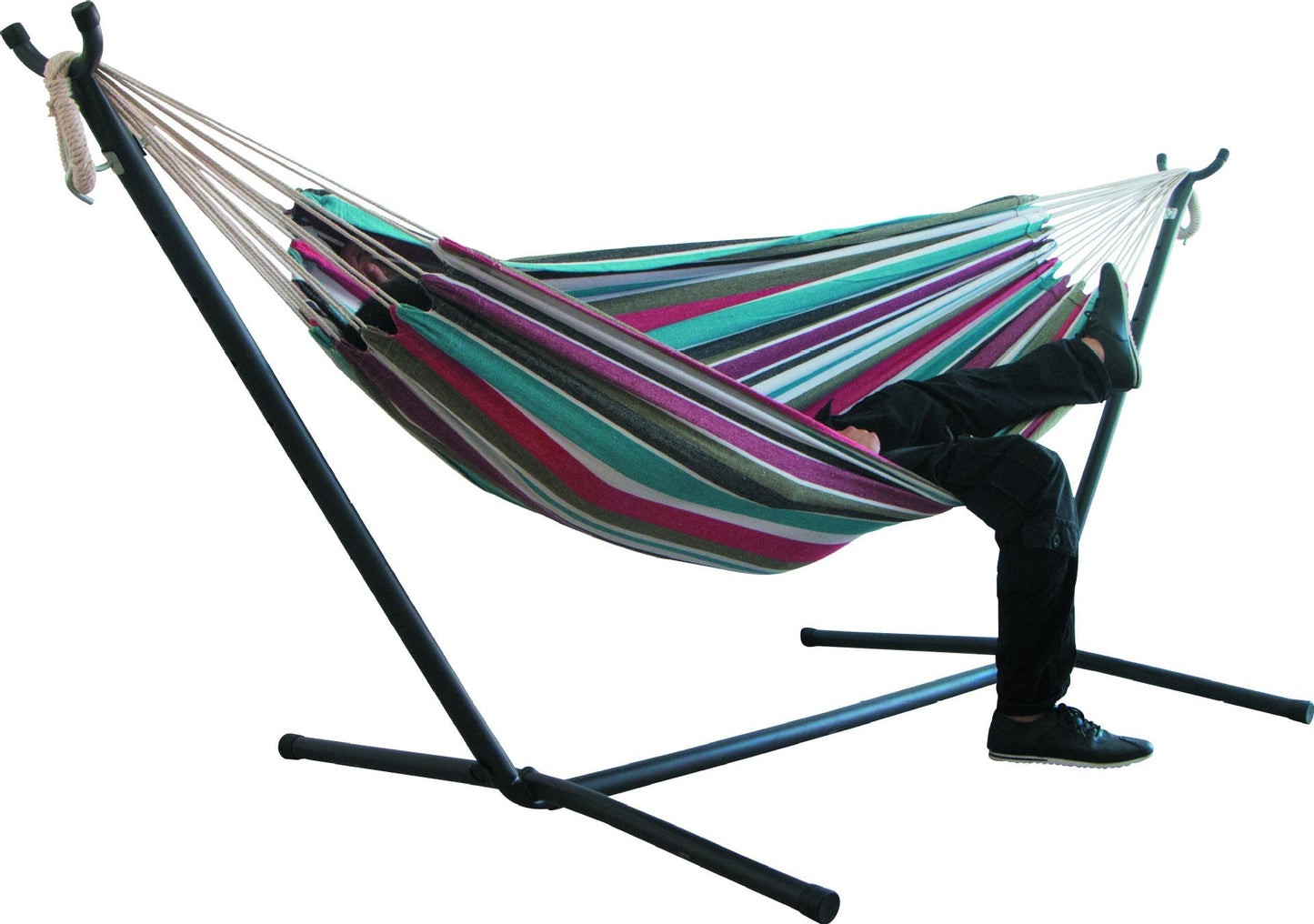 Canvas camping hammock, colorful and sturdy design, supports up to 200 kg, perfect for outdoor relaxation.