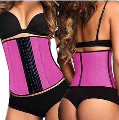 Women's waist trainer corset, pink with black accents, provides firm compression and adjustable fitting for shaping and posture support.