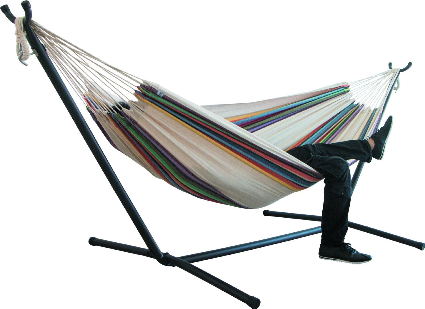 Canvas camping hammock with stand, featuring a colorful striped design and supporting up to 200 kg.