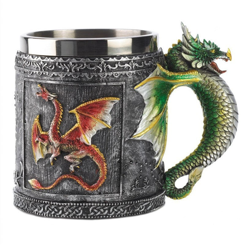 3D skull mug with dragon design, stainless steel and resin, 400ml capacity.