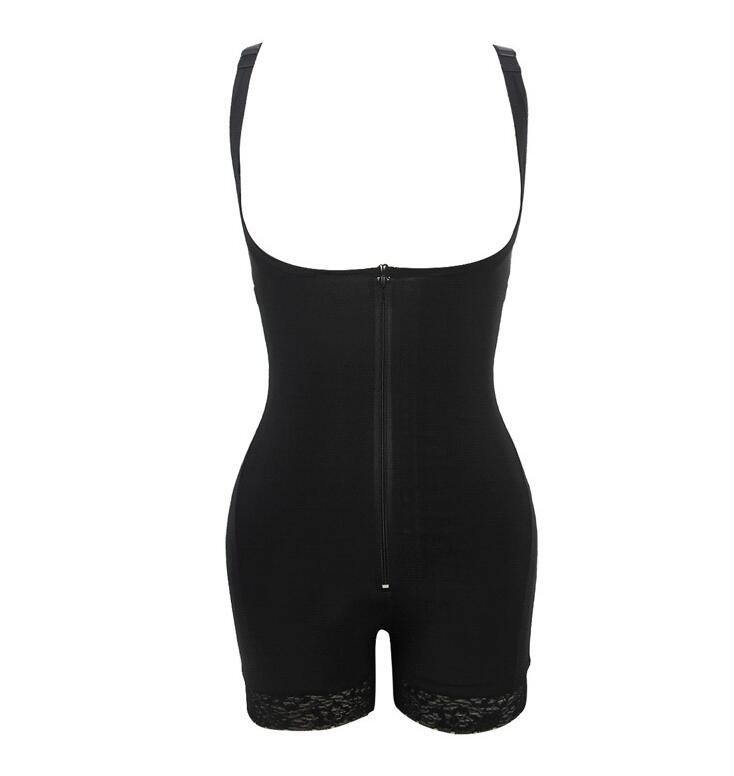 Shaping butt lifter bodysuit in black with lace detailing, emphasizing curves.