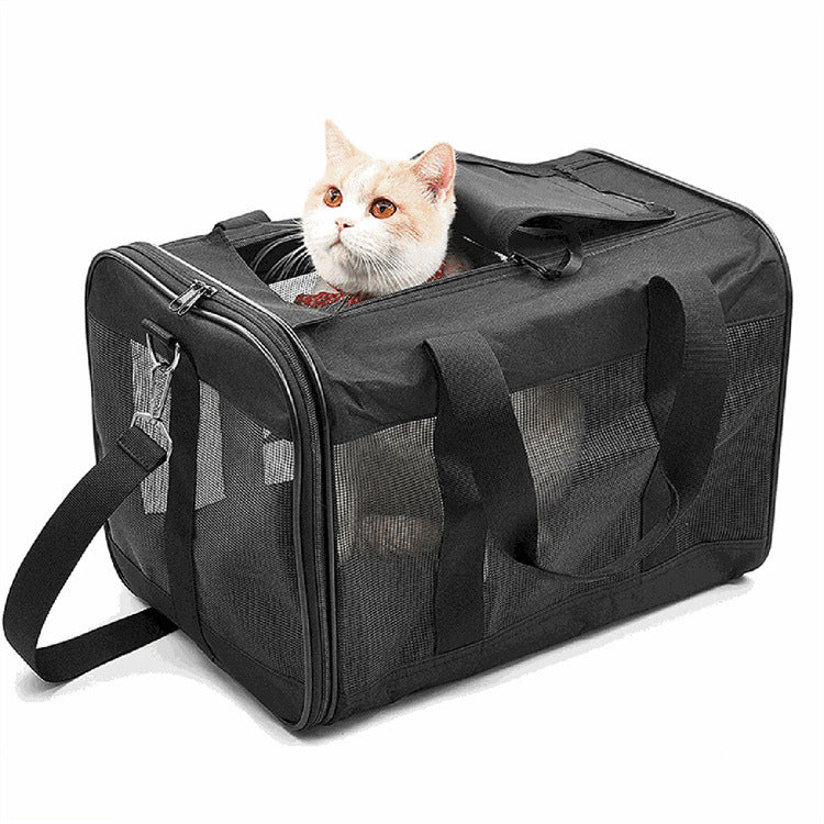 Breathable black pet carrier bag with handles and shoulder strap, suitable for dogs and cats.