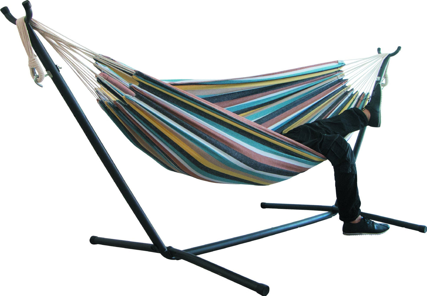 Colorful canvas camping hammock with metal stand, showcasing a person relaxing outdoors.