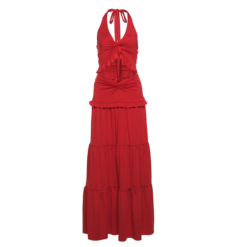 Women's fashion V-neck halter vest with high waist mid-length skirt set in wine red.