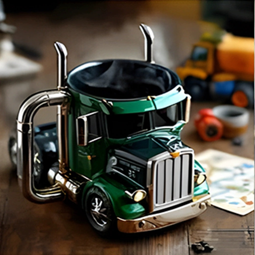 Semi-truck shaped green ceramic coffee mug, handcrafted design for truck enthusiasts.