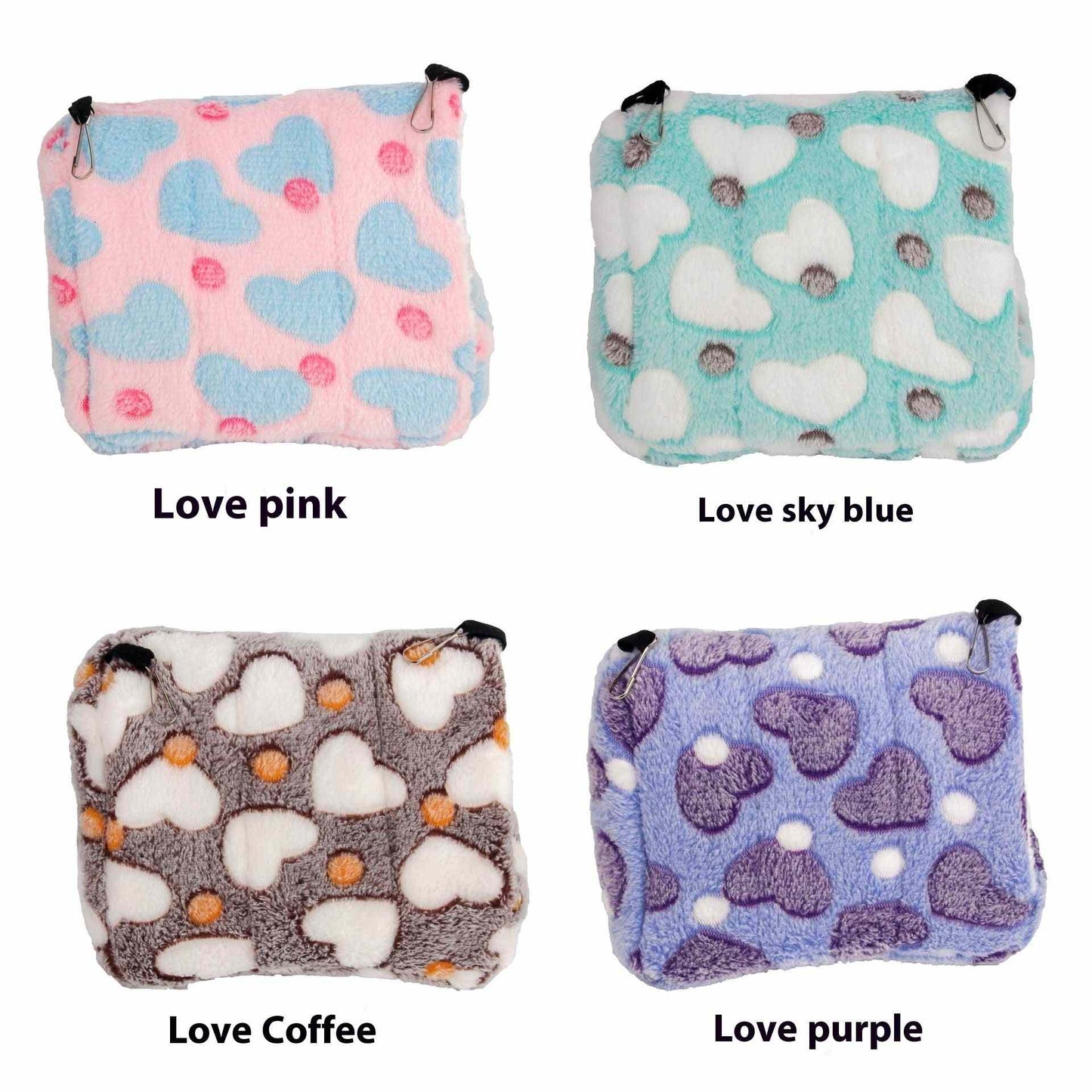 Colorful cotton flannel thermal hamster tents in pink, blue, coffee, and purple designs.