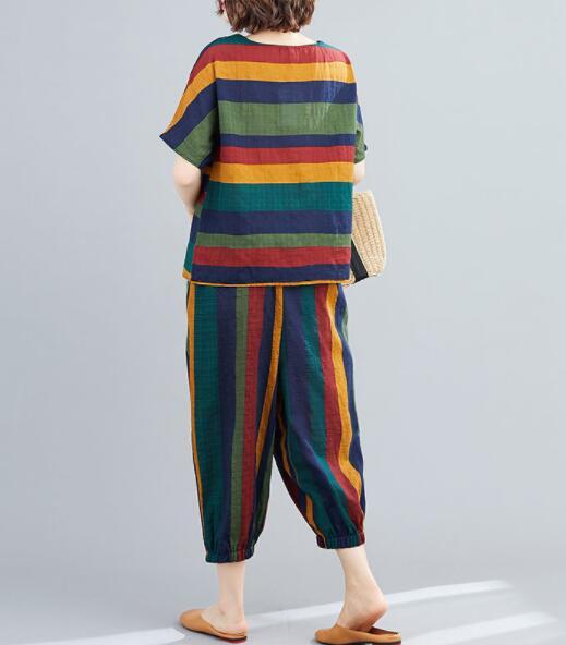 Women's Fashion Summer Loose Art Retro Striped Casual Two-piece Set
