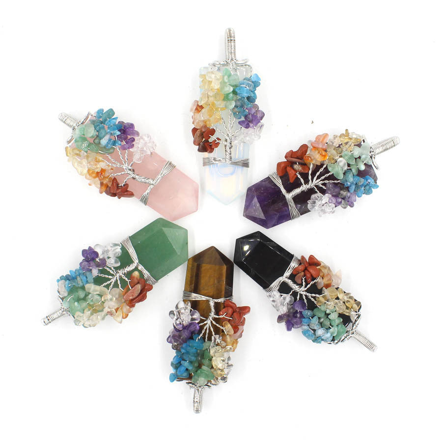 Colorful Tree of Life pendant necklaces with natural crystal columns, featuring amethyst, pink crystal, tiger's eye, green aventurine, obsidian, and opal.