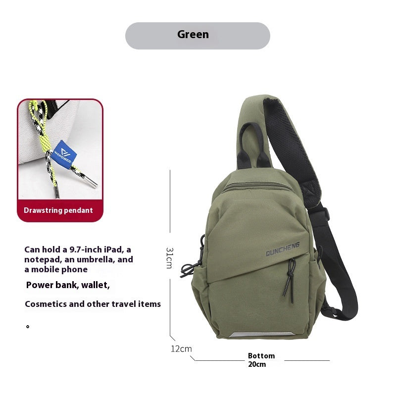 Green crossbody bag for men, featuring letter pattern, nylon material, and drawstring pendant. Suitable for leisure travel, wear-resistant, street trend style.