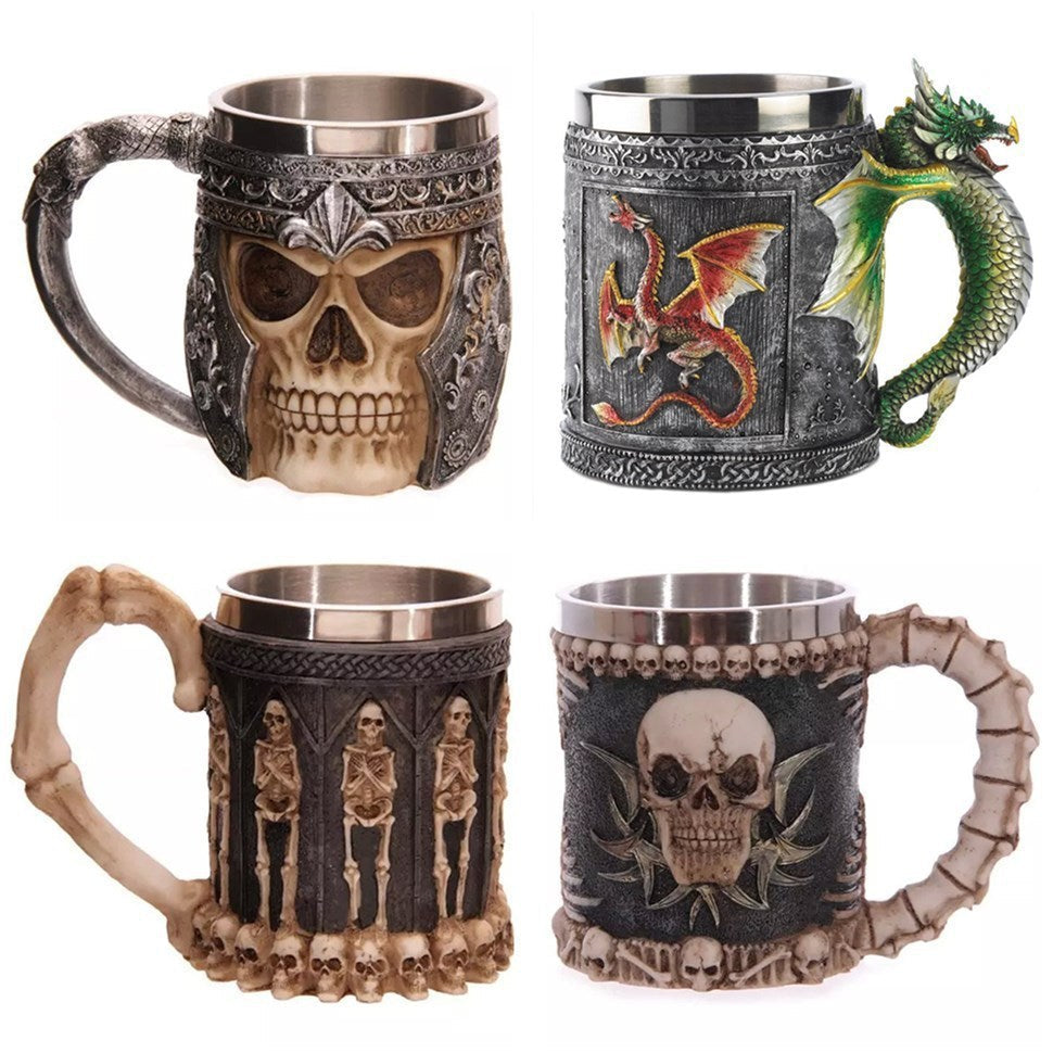 400ML 3D skull-themed ceramic coffee mugs with creative designs, featuring stainless steel and resin materials.