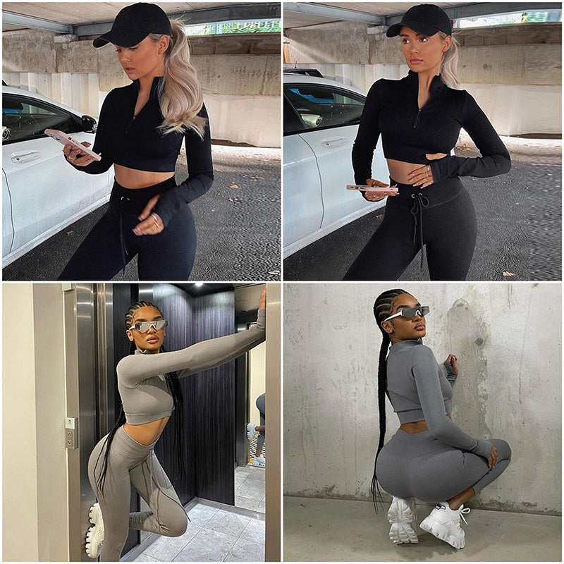 Drawstring Zipper Sports Long Sleeve Workout Clothes Suit