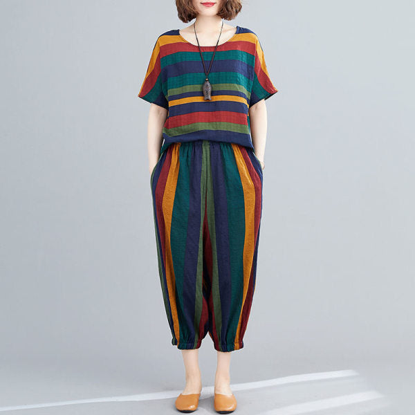 Women's Fashion Summer Loose Art Retro Striped Casual Two-piece Set