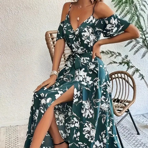 Flower print split suspender summer dress with lace-up design for women.