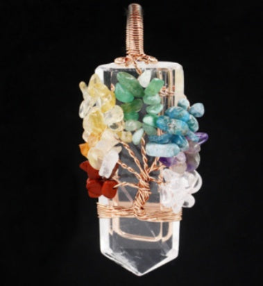 Crystal Column Tree Of Life Winding Pendant Necklace with natural crystals and alloy inlaid gems, unisex design.