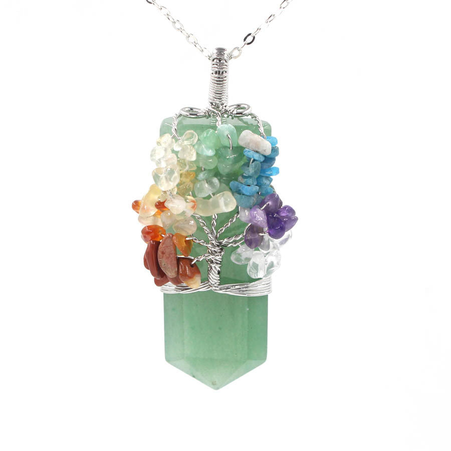 Crystal Column Tree of Life Pendant Necklace in vibrant colors, featuring natural and synthetic crystal, with an alloy inlaid design.