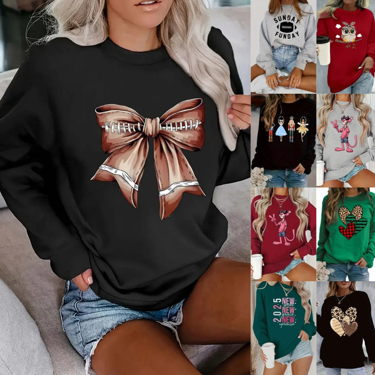 Women's printed long sleeve crew neck sweater with bold designs and medium length.