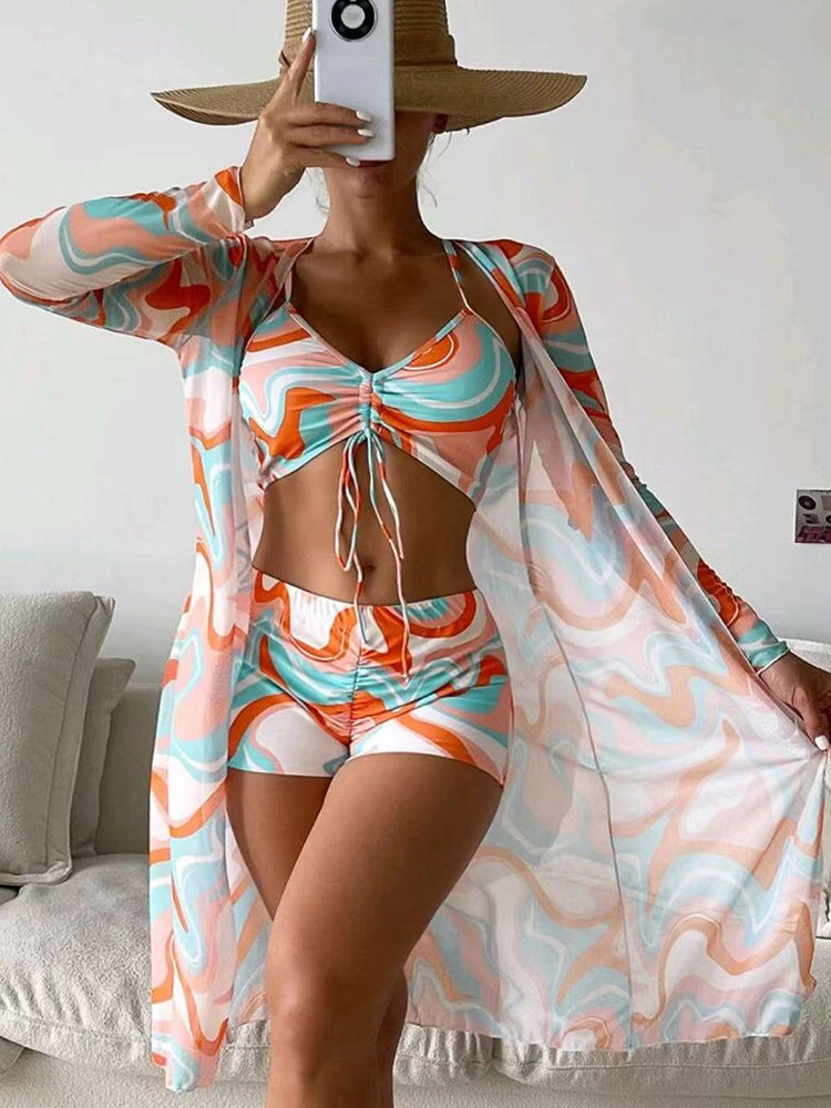 3-piece floral swimsuit with long sleeve cardigan for women, stylish swimwear.