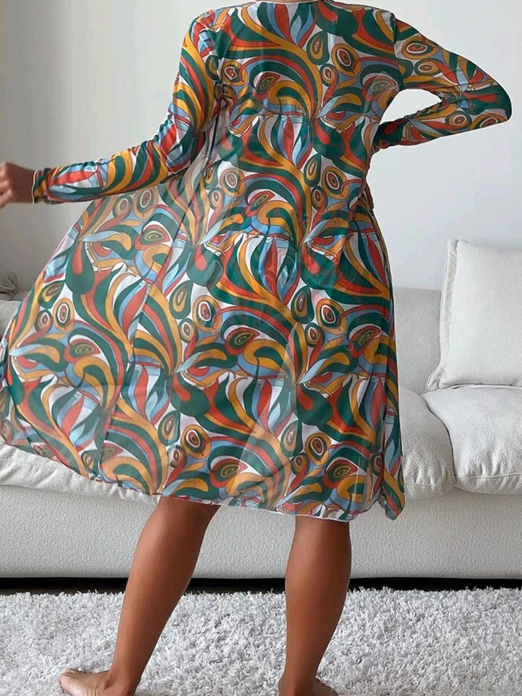 Colorful long sleeve cardigan with abstract floral pattern, part of 3-piece spring beach swimsuit set for women.