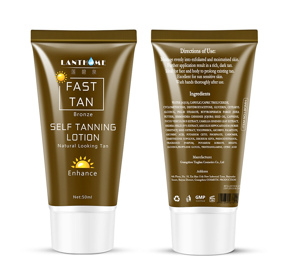 Tanning cream body lotion tube with instructions and ingredients displayed, 50ml size, promotes natural looking tan.