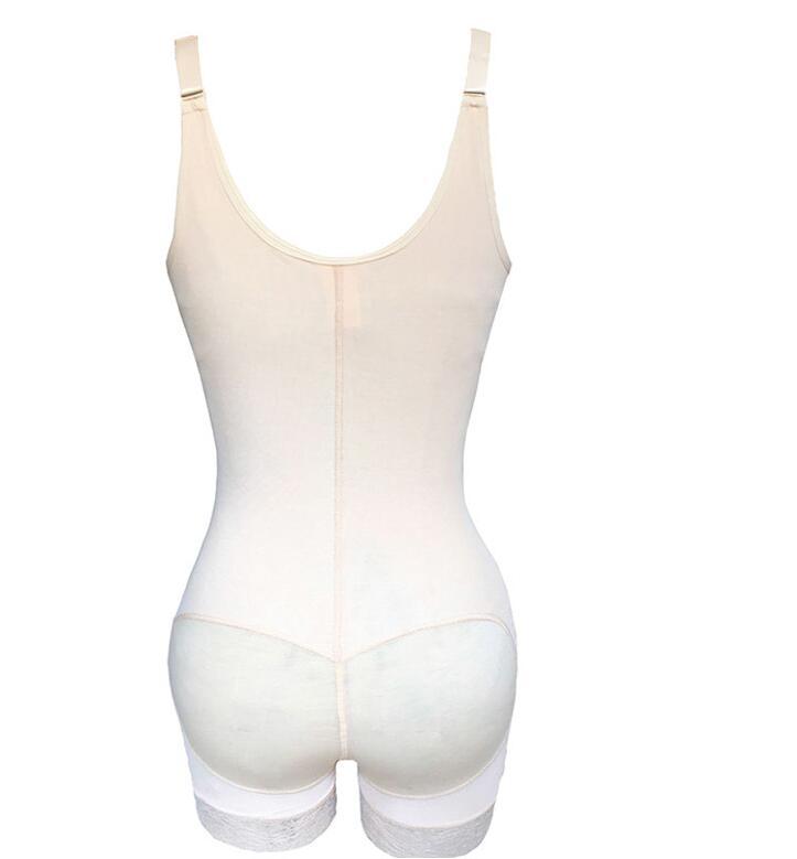 Shaping Butt Lifter Bodysuit in beige showing back view with lace trim.