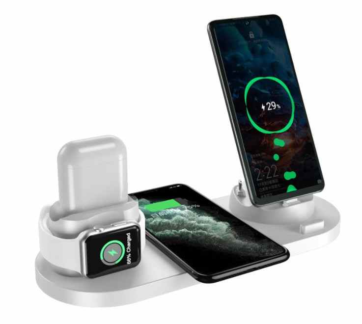 6 in 1 wireless charger for iPhone, AirPods, and watch with fast charging capability.