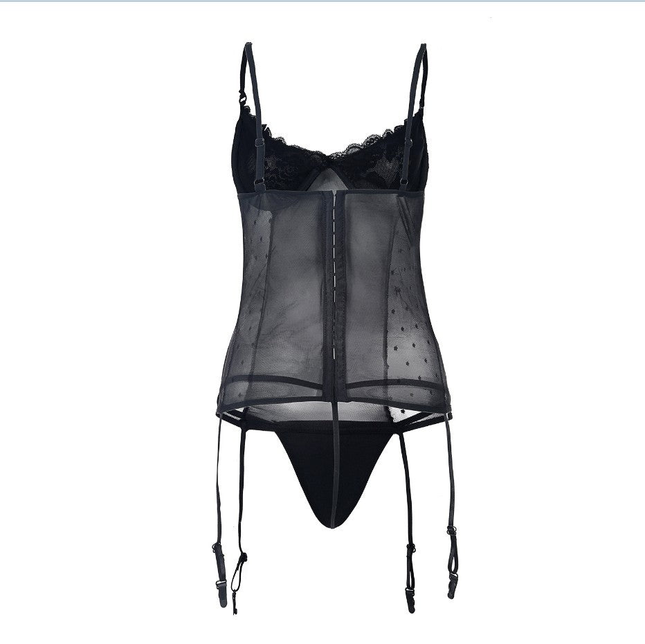 Black garter mesh see-through corset with lace, featuring adjustable straps and tights, for women.