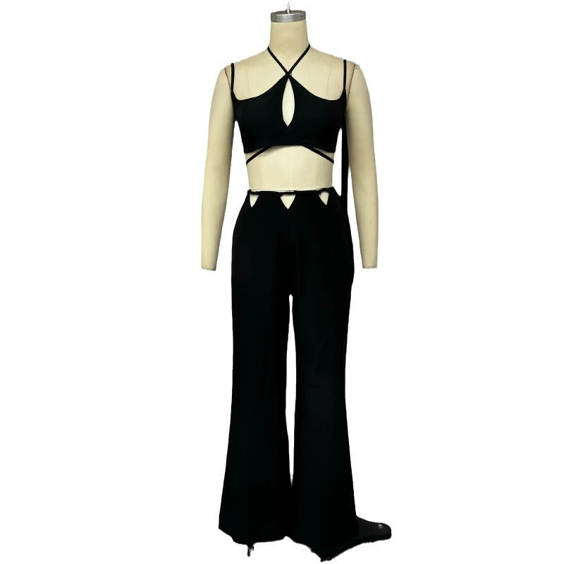 Pure Color Halter Bare Midriff High Waist Sexy Cutout Blouse And Pants