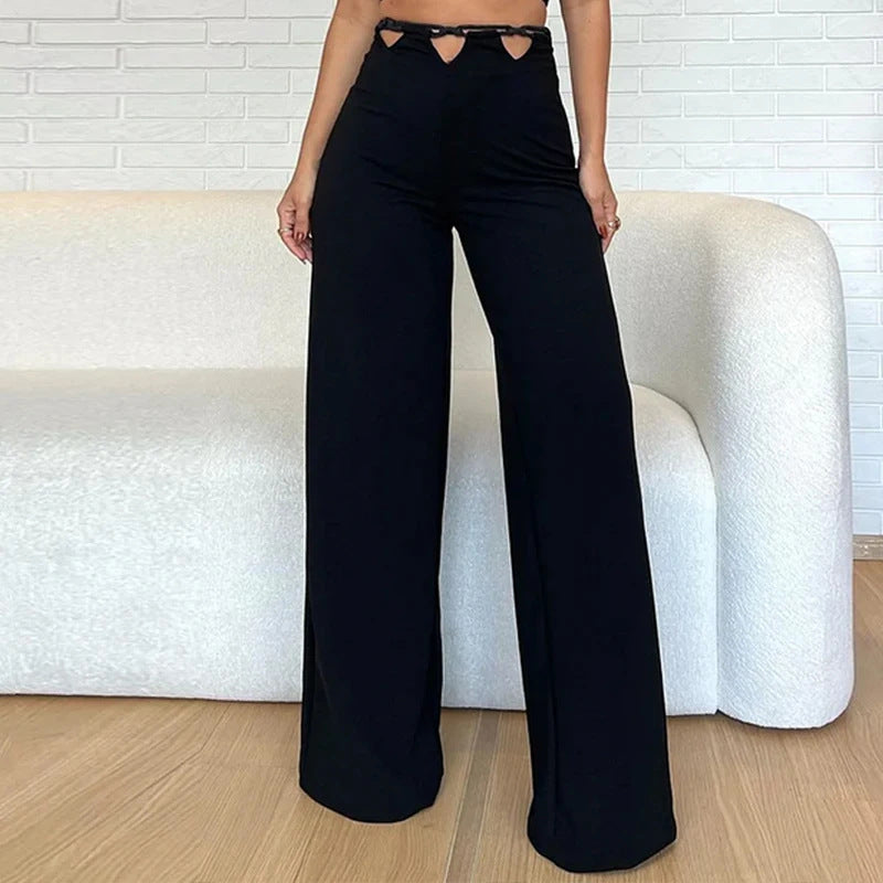 Pure Color Halter Bare Midriff High Waist Sexy Cutout Blouse And Pants