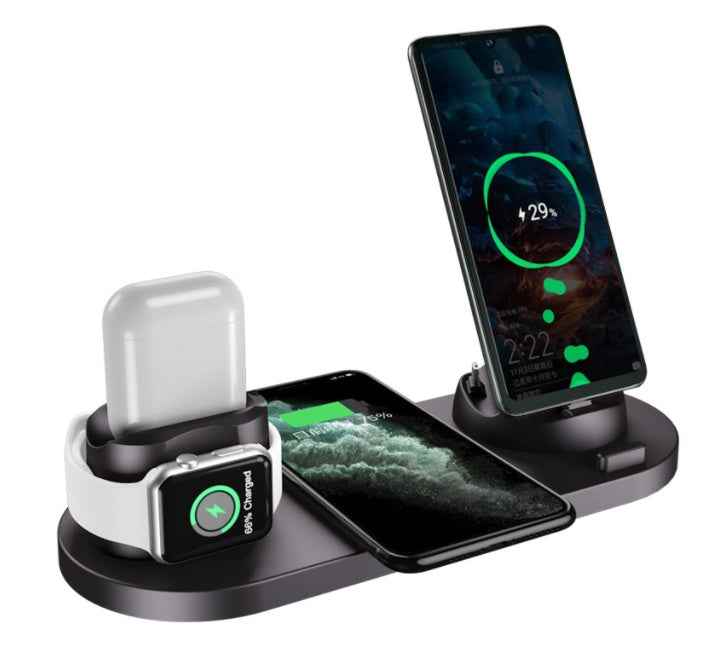 6-in-1 wireless charging dock station for iPhone, watch, and phone, fast charging pad with USB interface and indication function.