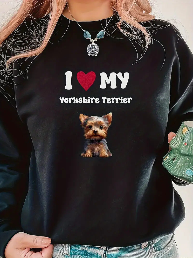 Women's printed long sleeve crew neck sweater with Yorkshire Terrier design.