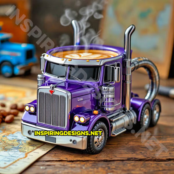 Semi-truck shaped ceramic coffee mug with steam.