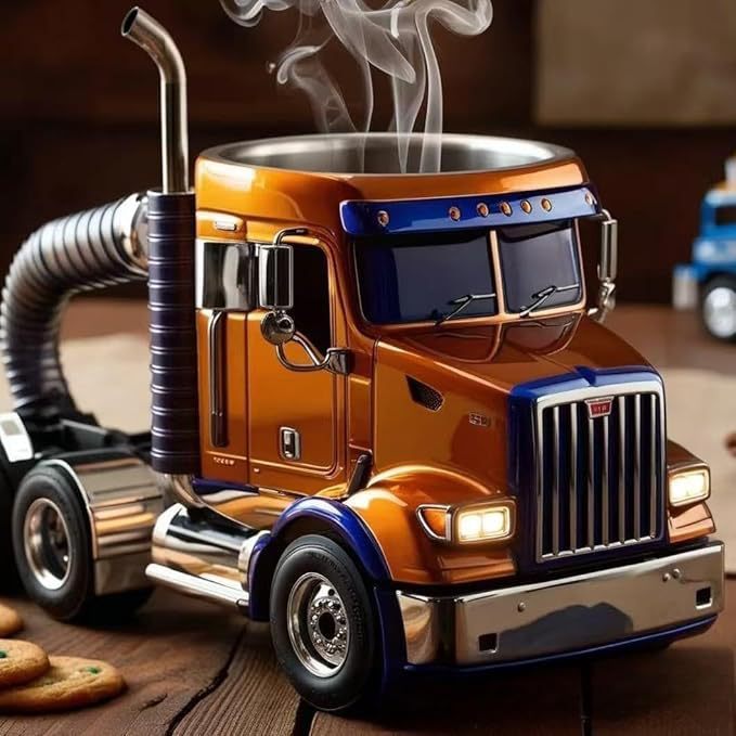 Handcrafted semi-trailer truck ceramic coffee mug steaming on wooden table.
