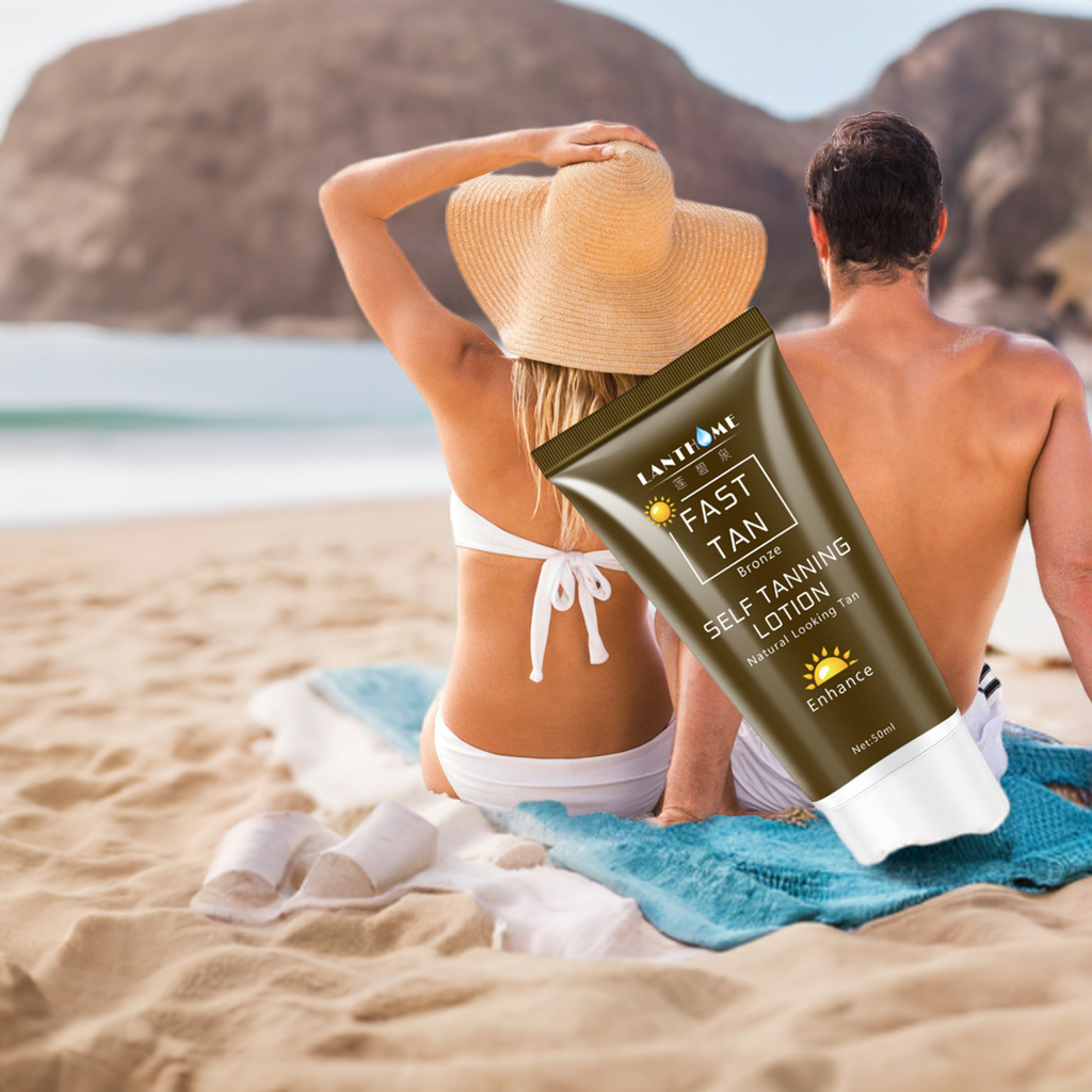 Tanning cream body lotion on a beach with a couple relaxing.