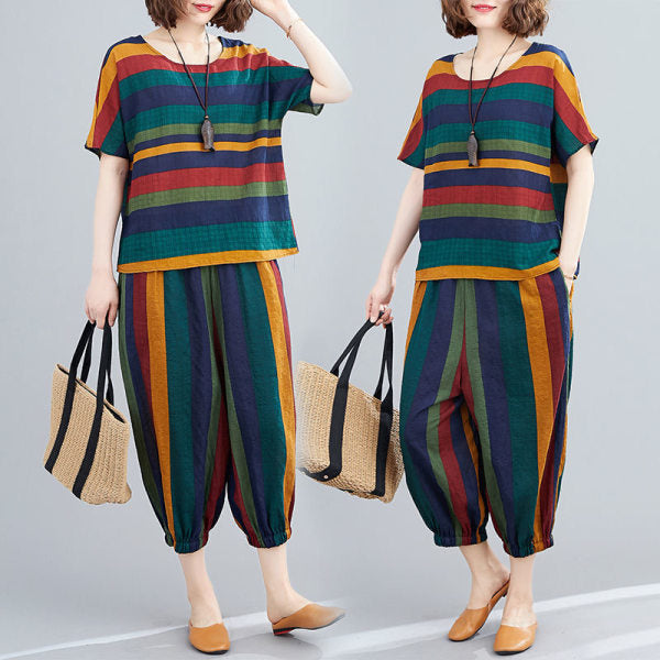 Women's Fashion Summer Loose Art Retro Striped Casual Two-piece Set