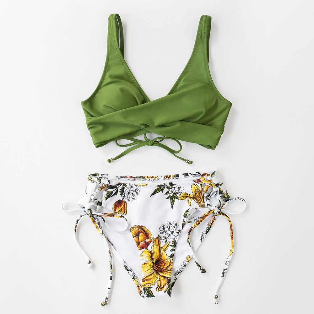 Women's Bikini Summer Swimsuit, green front cross lace-up top with floral print bottom.