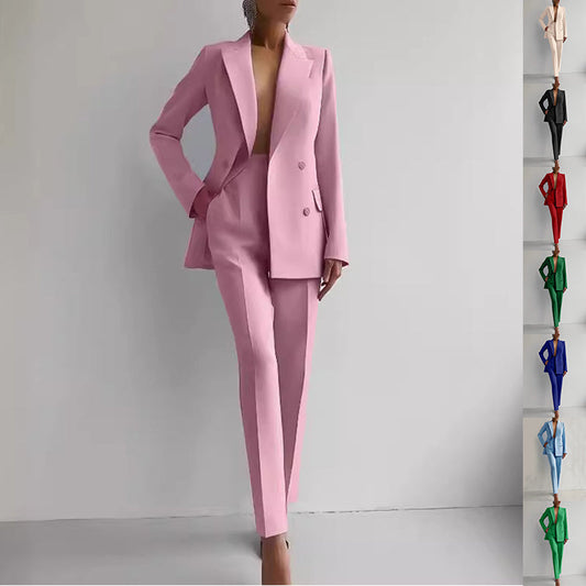 Women's casual pink business suit with long sleeve single-breasted jacket and slim fit trousers.