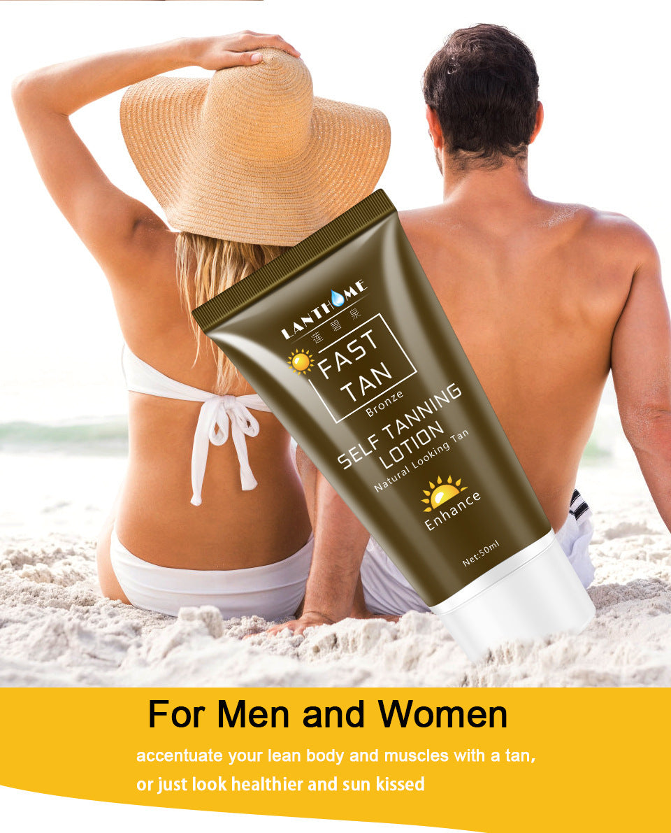 Self-tanning lotion for men and women on a sandy beach.