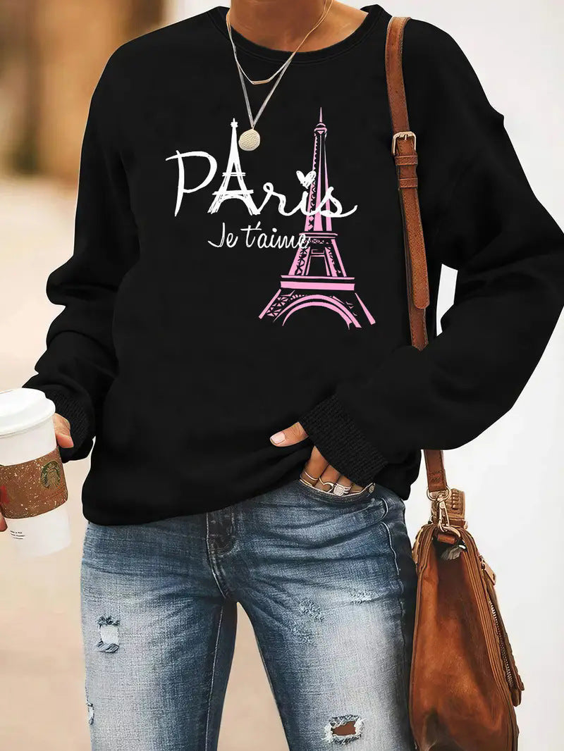 Women's printed long sleeve black sweater with Eiffel Tower design.