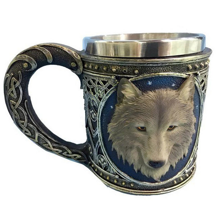 400ML 3D Skull Mug with wolf design, stainless steel and resin, creative ceramic coffee mug.