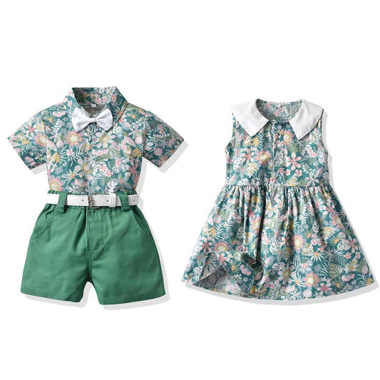 Children's clothing set with floral pattern, featuring a shirt and dress in fresh green cotton fabric, ideal for beach vacations.