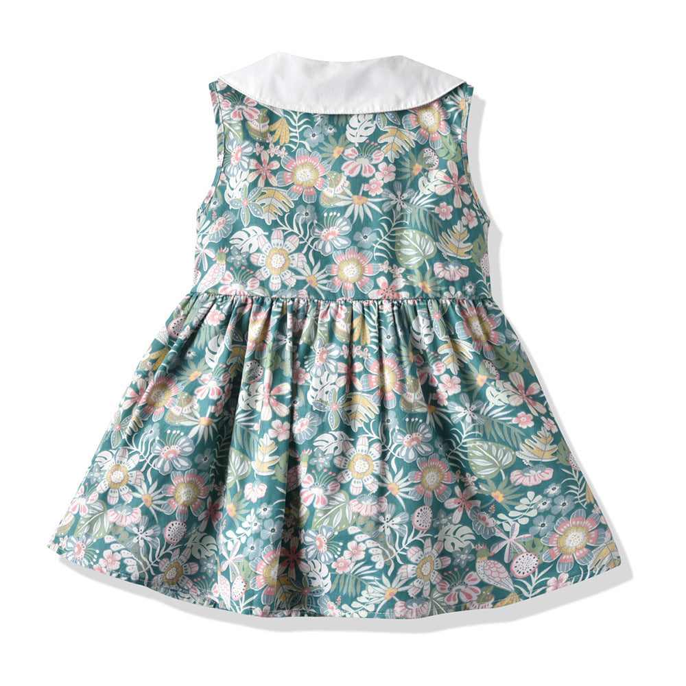 Fresh green floral children's dress, cotton fabric, beach style casual wear.