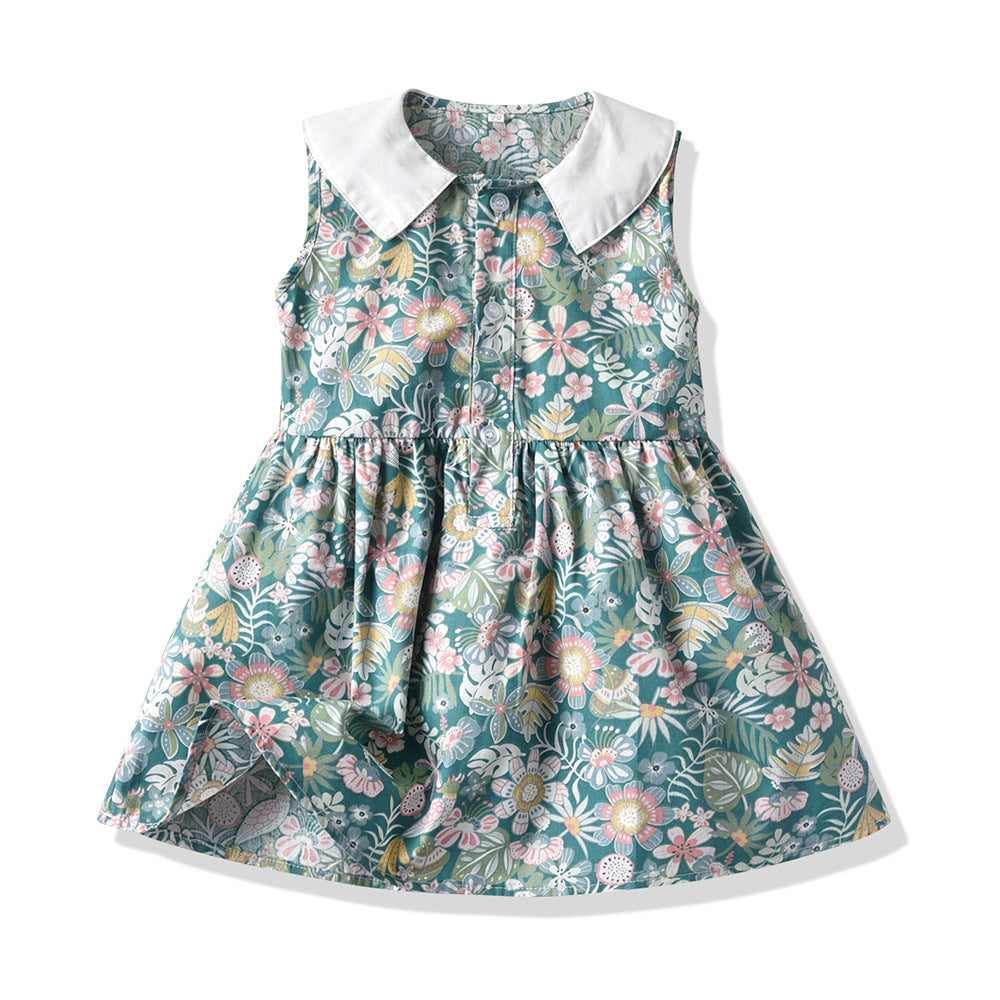 Children's floral dress in fresh green, sleeveless with a white collar, suitable for beach vacations.