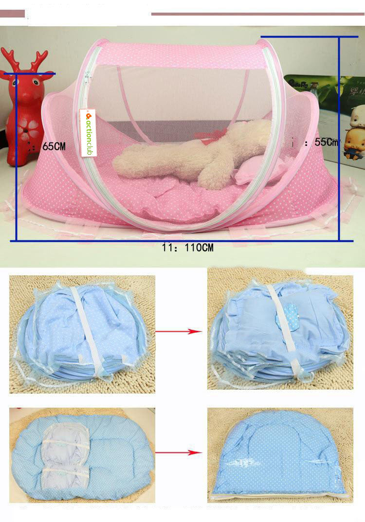 Foldable breathable baby bed net with pillow set, pink and blue options, includes mesh cover, mattress, and pillow, suitable for infants 0-2 years.