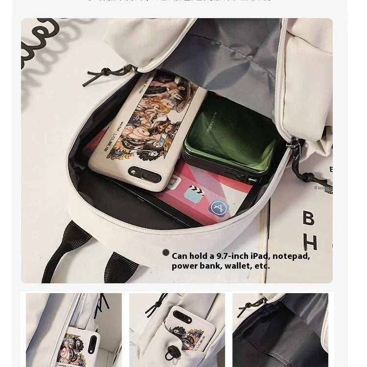 Small men's crossbody bag with polyester lining, fits 9.7-inch iPad, showcased open with contents.